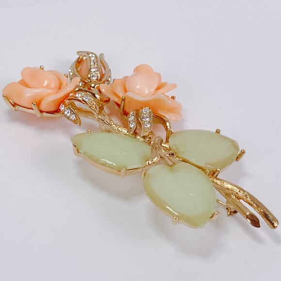Nolan Miller Ann Margaret Faux Coral & Jade Rose Brooch Pin Rhinestones Large - Picture 5 of 12